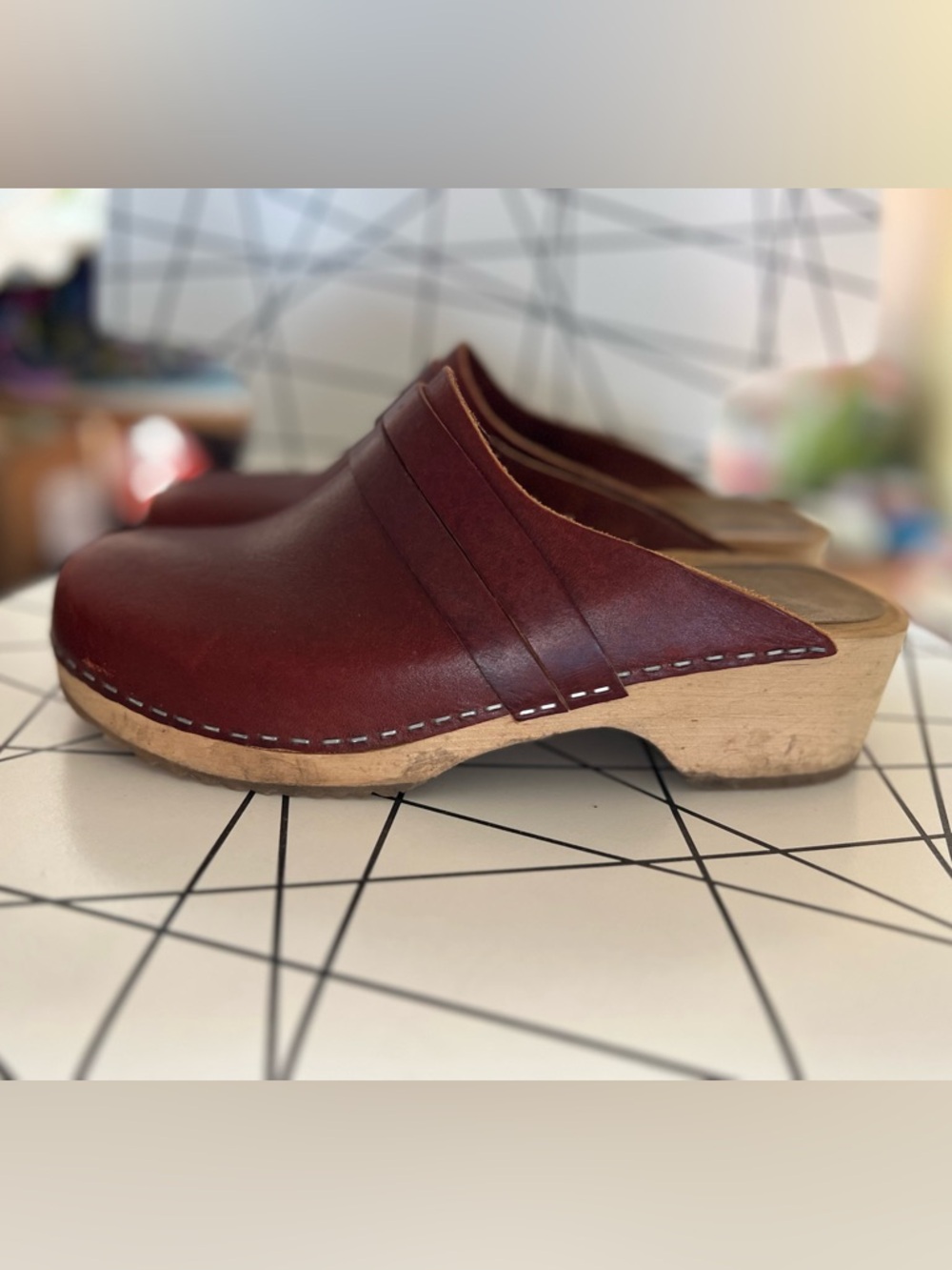 Skola Women's Burgundy Leather Clogs with Wooden Platform 8.5-9